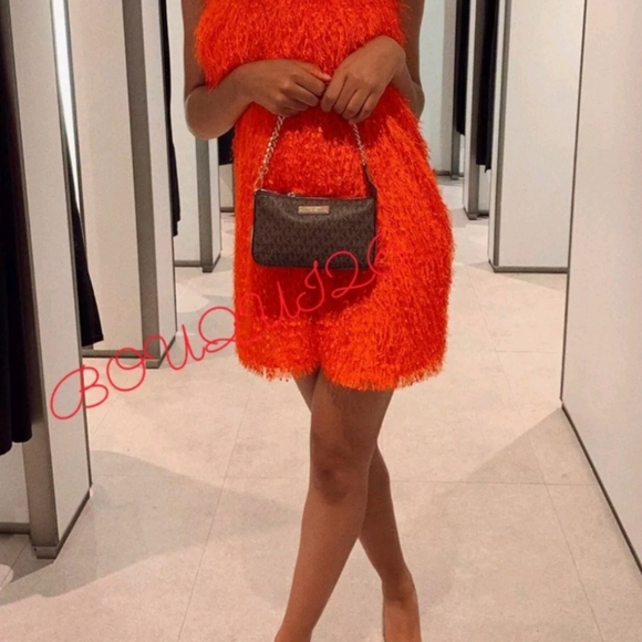Women designer ZARA new $95 orange fringe bohemian halter mini dress size large - Picture 7 of 16